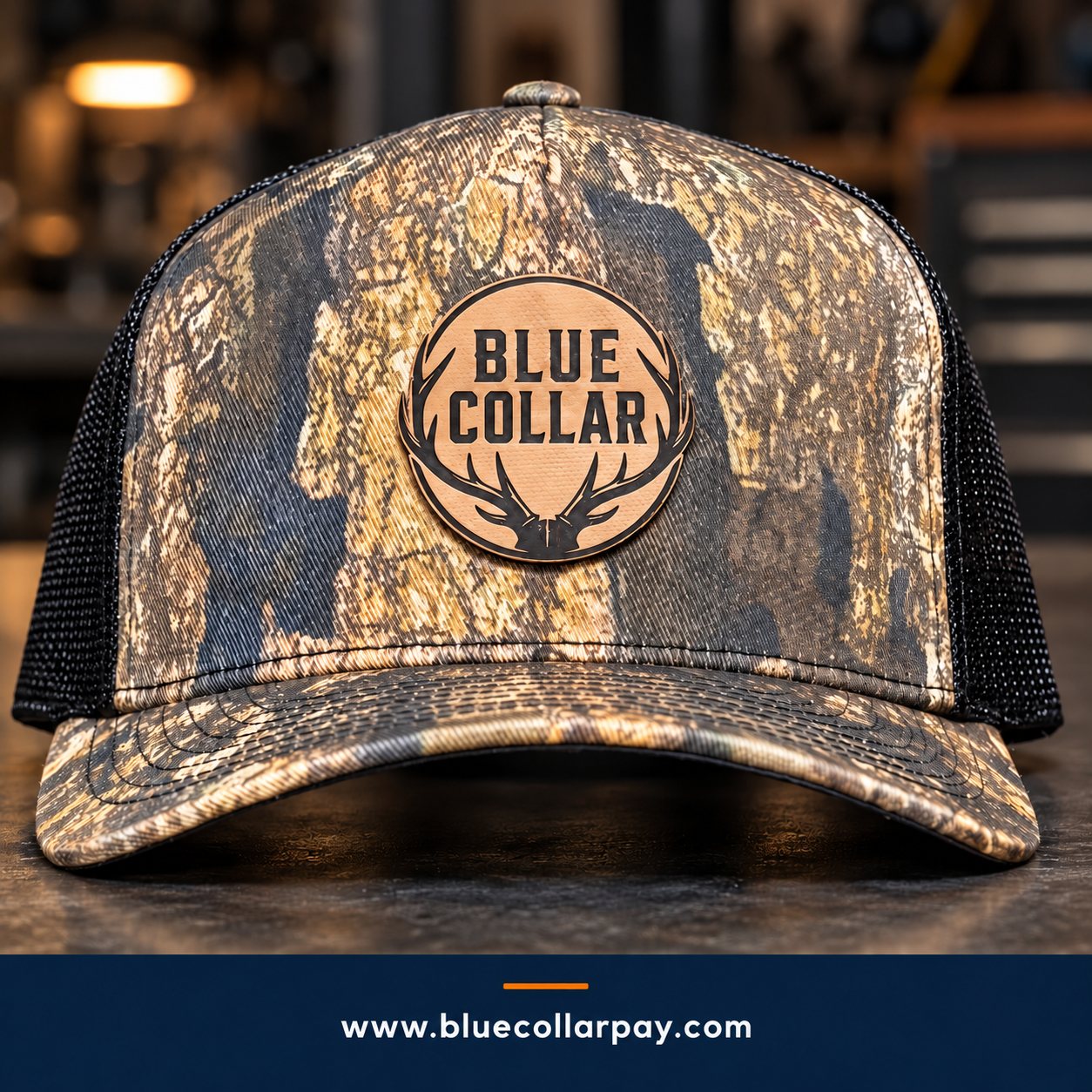 Close-up of a Blue Collar Pay trucker hat with a leather patch