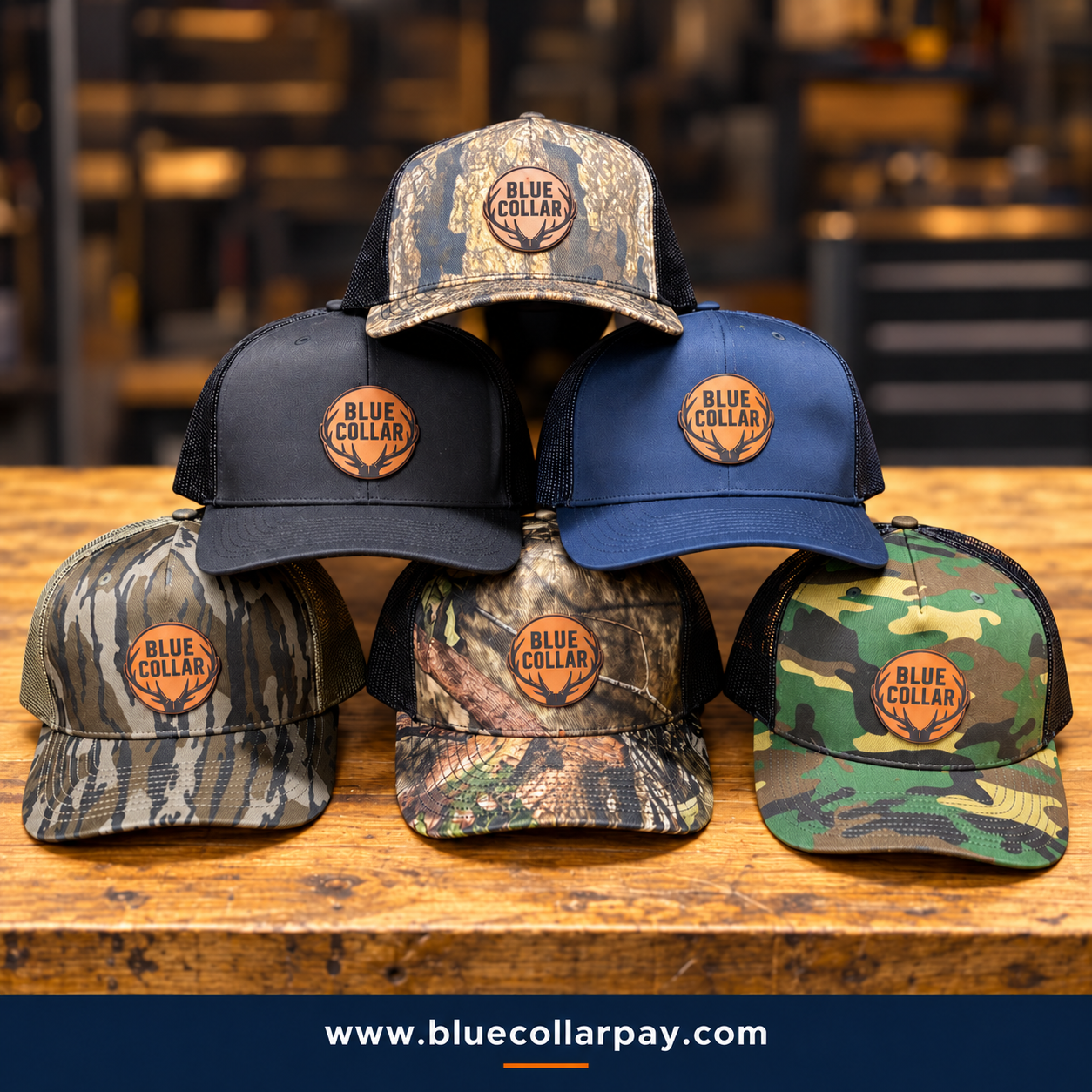 Line-up of Blue Collar Pay trucker hats in six colors