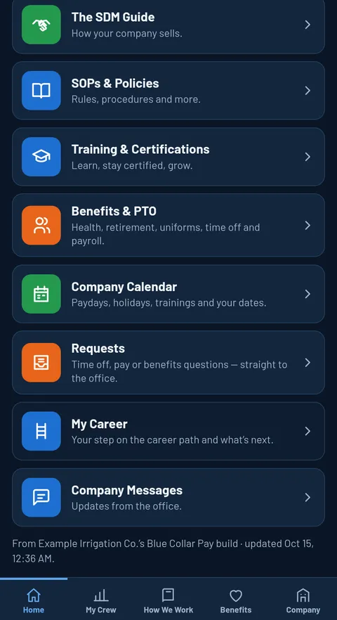 SOPs, training, benefits, calendar, requests, career and messages