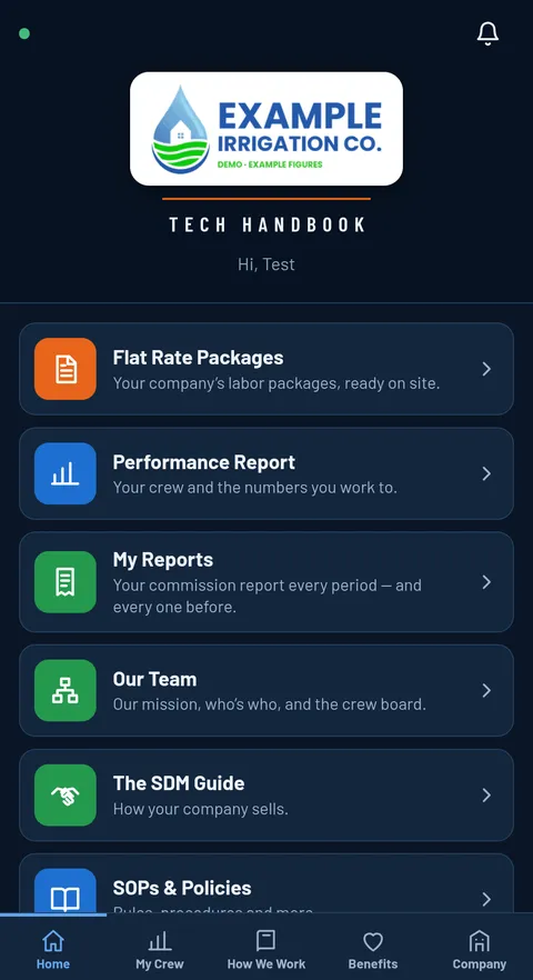 Tech Handbook home screen with the company logo