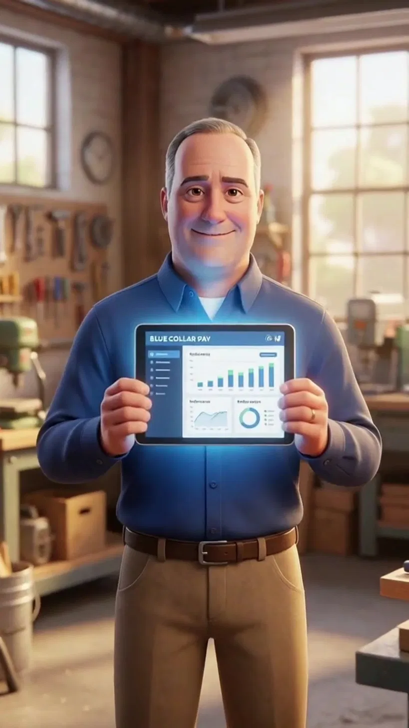 Owner showing tech the Blue Collar Pay dashboard